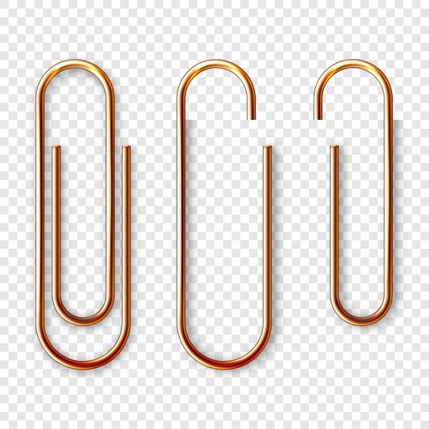 Realistische koperen paperclip bevestigd aan papier geïsoleerd op een witte achtergrond glanzende metalen paperclip