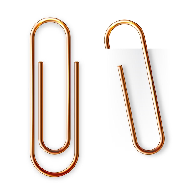 Realistische koperen paperclip bevestigd aan papier geïsoleerd op een witte achtergrond glanzende metalen paperclip