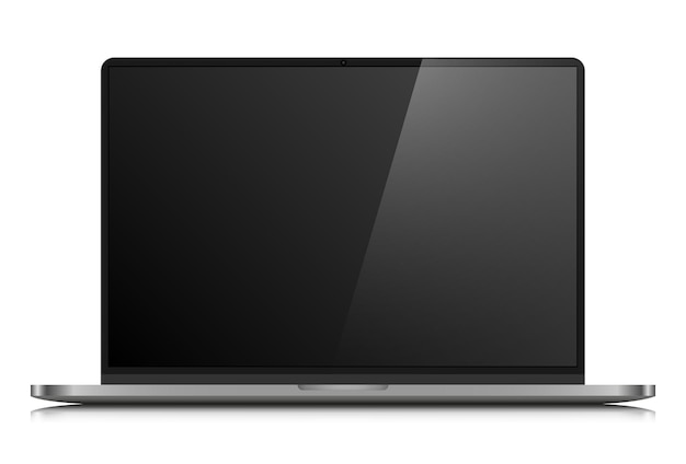 Vector realistische laptopindeling met een donkerzilveren behuizing, een laptop met een leeg zwart scherm met glans erop