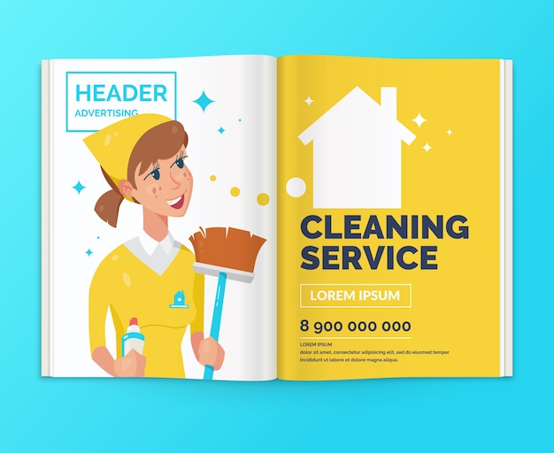 Vector realistische lay-out van het tijdschrift. open brochure met reclame schoonmaakservice. illustratie.