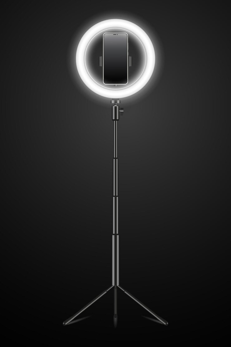 Vector realistische led selfie make-up ringlicht smartphone houder stand op zwarte achtergrond
