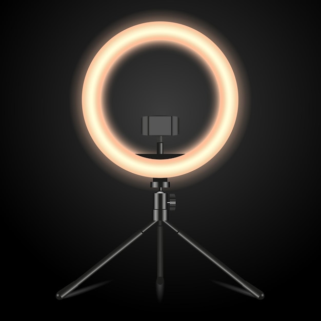 Vector realistische led selfie make-up ringlicht smartphone houder stand op zwarte achtergrond