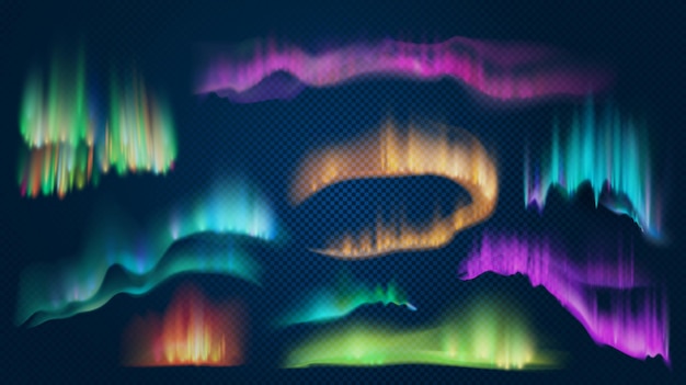 Realistische lichten van arctische aurora borealis, noordelijk natuurverschijnsel. Abstract gloeiend golvend effect. Poolnachthemellandschap