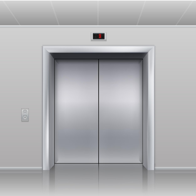 Realistische lift gesloten metalen cabinedeuren hal interieur gebouw kantoor of hotel vestibule stalen deuropening belknoppen en display met vloerindicator vector transport