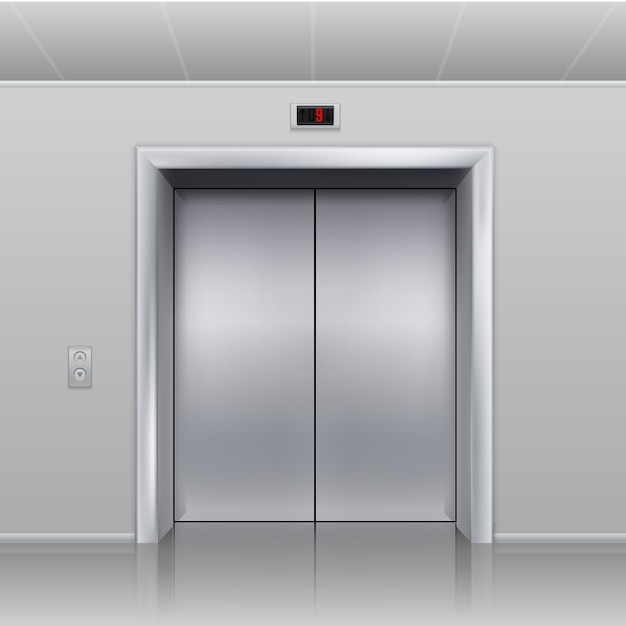 Vector realistische lift gesloten metalen cabinedeuren hal interieur gebouw kantoor of hotel vestibule stalen deuropening belknoppen en display met vloerindicator vector transport