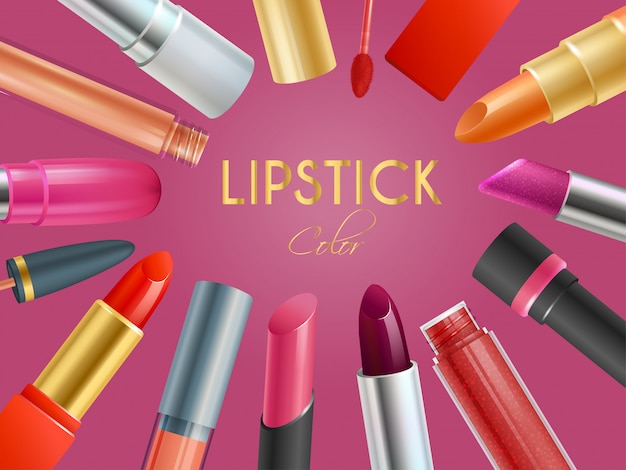 Realistische lippenstift kleurenpatroon banner, cosmetische illustratie van de gezichtsmake-up. Pommade, oogschaduw en decoratieve cosmetica.