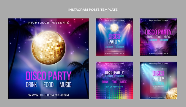 Realistische luxe disco party instagram posts sjabloon