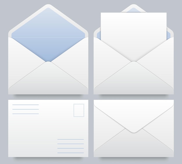 Vector realistische mail enveloppen mockup. bericht post, briefhoofd blanco papieren mockup, document in envelop, vectorillustratie