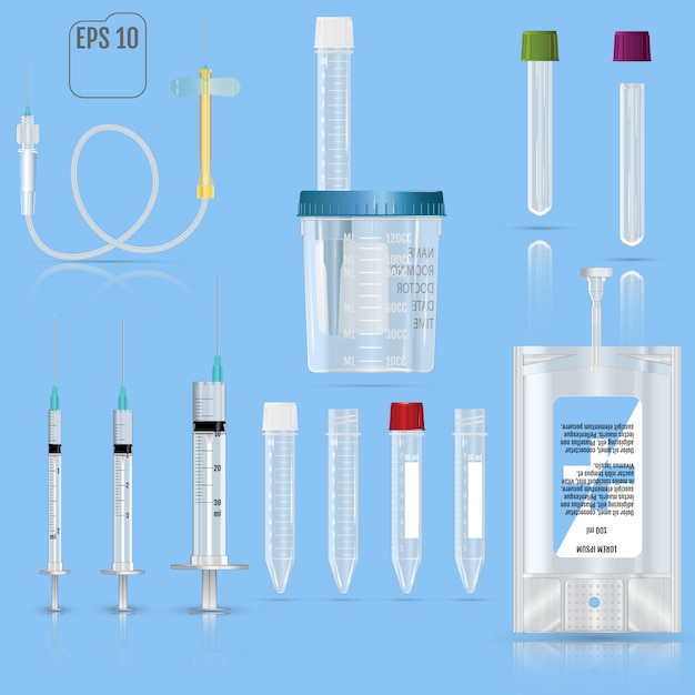 Realistische medische benodigdheden. voor bloedafnameset, voor korte termijn, laboratoriumtestbuizen, buis en spuiten, vacuümcontainer