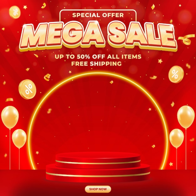 Realistische mega-verkoop banner sjabloon met podium om uw bedrijf te promoten