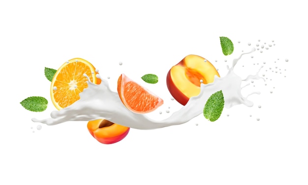 Realistische melkdrank golfplons met fruit voor yoghurt of melkachtig drankje vector achtergrond Oranje perzik en mandarijn fruit in melkgolf of giet plons met druppels voor milkshake of zuiveldrankpakket