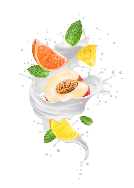 Vector realistische melkdrank swirl wave splash en fruit