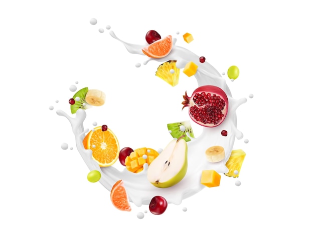 Realistische melkgolfplons en fruit met roomdruppels Vector witte werveling van milkshakedrank of roomdessertvoedsel met 3d rijpe mango ananasbanaan en kersendruif oranje peer en kiwi