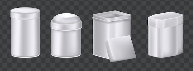 Vector realistische metalen doos mockup set aluminium containers dozen verschillende vormen