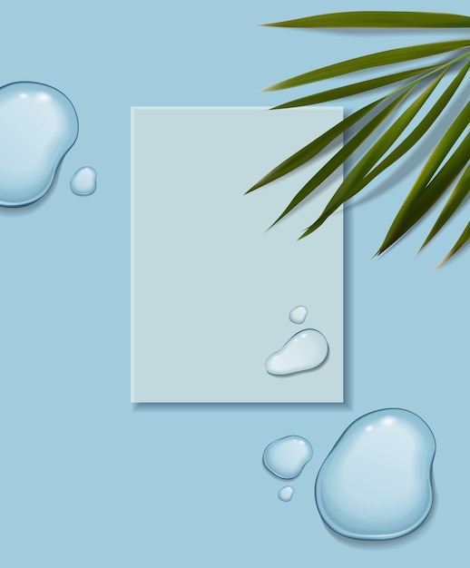 Vector realistische minimalistische scène met tropische bladeren en blauwe scène top view 3d scène voor cosmetica