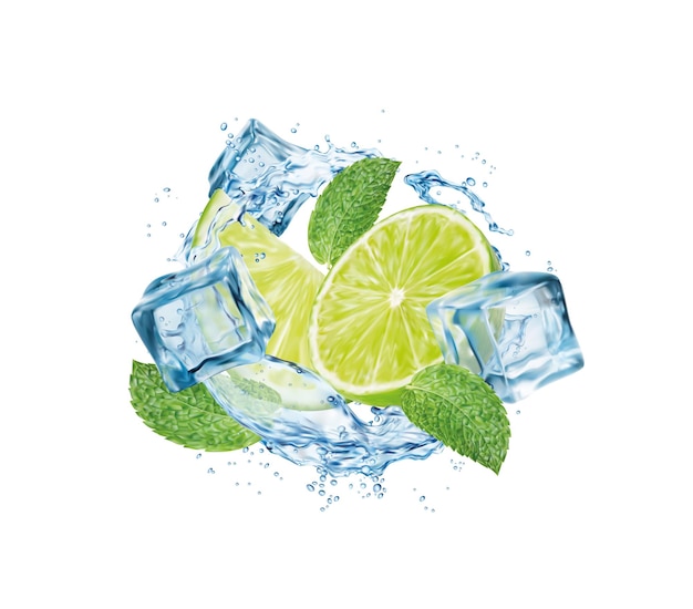 Realistische mojito drank ronde splash met limoen fruit ijsblokken en munt bladeren geïsoleerde vector Mojito drank frisdrank water of limonade drank met limoen en ijsblokjes in blauw water wervelstroom