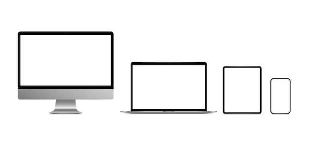 Realistische monitorcomputer, laptop, tablet en smartphone. Moderne apparaatset. desktopcomputer, notebook, tablet, mobiele telefoon met leeg scherm.