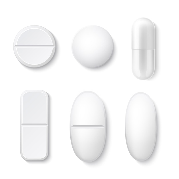 Realistische pillen en drugs wit set met verschillende vormentabletten