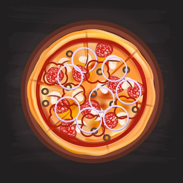 Realistische pizza sticker poster met heerlijke en sappige fast food Italiaanse traditionele gerecht ontwerp