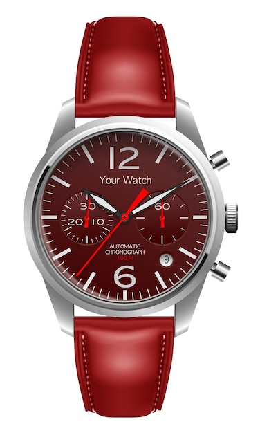 Realistische polshorloge chronograaf zilver rood leer rode pijl op zwarte achtergrond ontwerp luxe vector