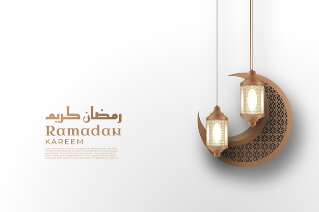 Realistische ramadan kareem-achtergrond met maan en hangende lantaarn premium vector