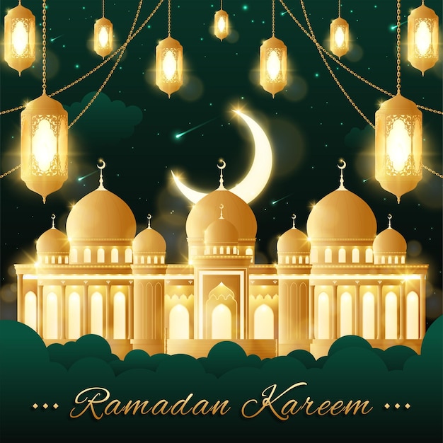 Realistische ramadan kareem-achtergrondbanner met moskee en lantaarn