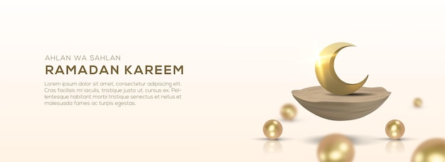 Vector realistische ramadan kareem horizontale banner sjabloonontwerp 3d gouden wassende maan staande op zwevende woestijn