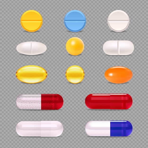 Realistische reeks kleurrijke dragee van geneeskundepillen en capsules die op transparante vectorillustratie wordt geïsoleerd als achtergrond