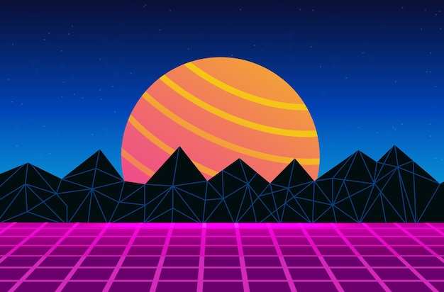 Vector realistische retro wave party horizontale achtergrond en virtuele realiteit landschap