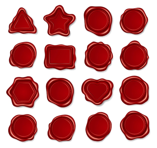 Realistische rode lakzegel stempel voor envelop of brief van verschillende vormen certificaat diploma of oude scroll verzegeling verzendkosten element driehoek cirkel ster rechthoek en hart vormen vector set