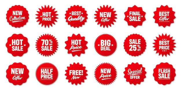 Vector realistische rode prijskaartjes verzameling speciaal aanbod of inkopen korting etiket detailhandel papieren sticker
