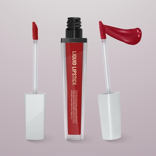 Realistische, rode vloeibare lippenstift met lippenstift. 3D-afbeelding, trendy cosmetisch ontwerp