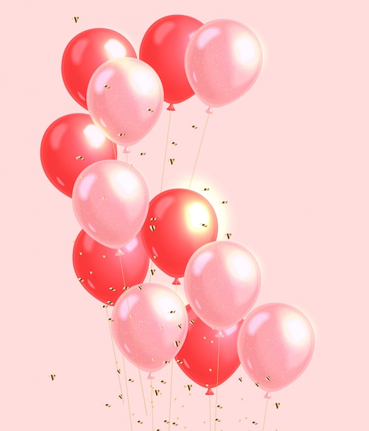 Realistische roze ballon, gouden confetti, feest