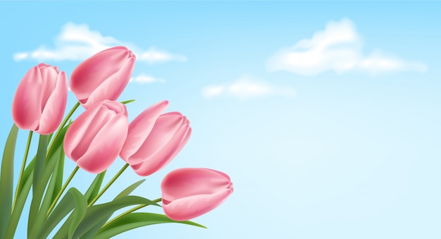 Realistische roze tulpen en lucht