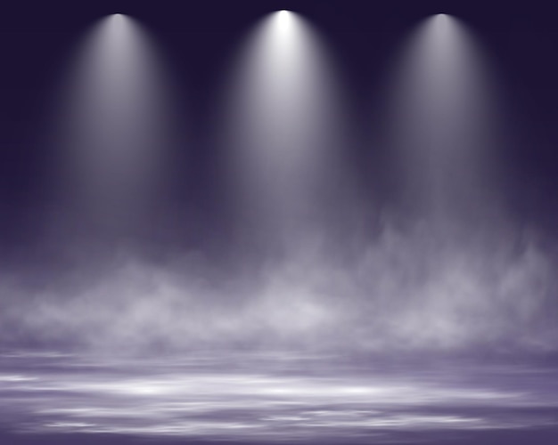 Realistische schijnwerpers met mist dramatische verlichting lege scène transparant effect en atmosfeer