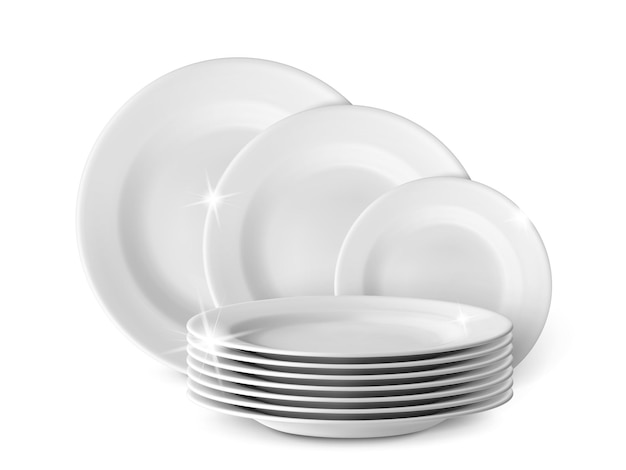 Realistische schone witte borden Gewassen borden en afwas geïsoleerde keukenelementen voor promo-plakkaat afwasmachine of wasmiddel Glinsterend servies stapel samengesteld vector mockup