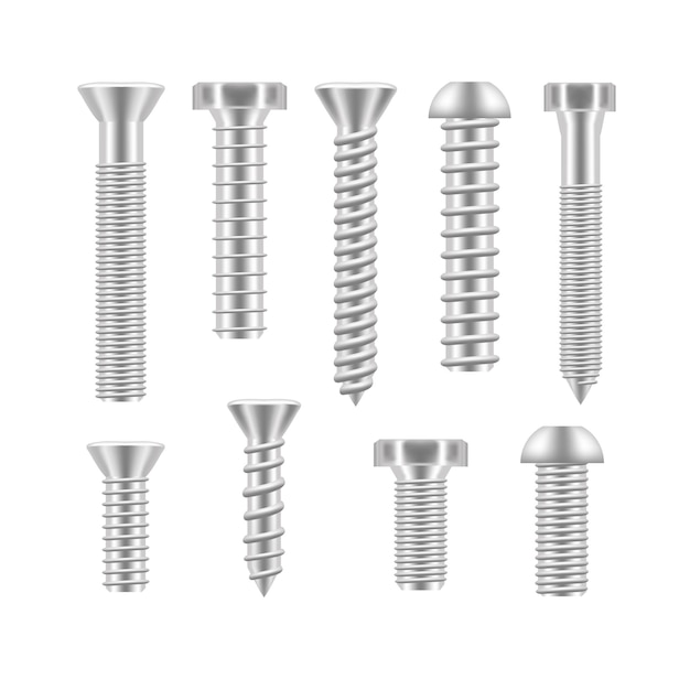 Realistische schroef icon set verschillende vormen gedetailleerde bouw hardware apparatuur rvs metalen bevestigingselement. vector illustratie