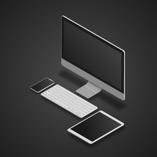 Vector realistische set desktop-pc, tablet en smartphone.