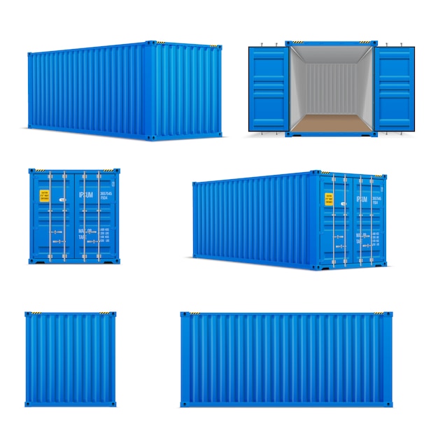 Realistische set helderblauwe vrachtcontainers