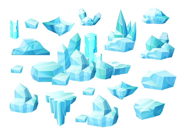 Realistische set kristallen van ijs ijsberg gebroken stukken ijs ijspegels koude bevroren blokken ijs winterlandschap voor game-design cartoon vectorillustratie