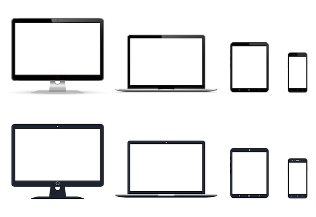 Realistische set monitor laptop tablet smartphone en hun pictogrammen