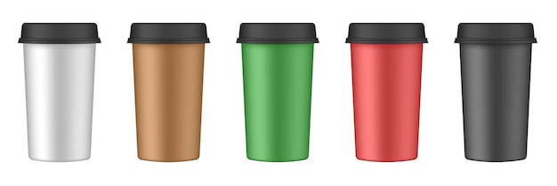Realistische set papieren koffiebekers Coffee to go Take away Wit rood groen zwart papieren bekers