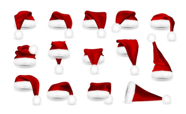 Realistische set rode kerstman hoeden geïsoleerd op een witte achtergrond. Kerstmuts met verloopnet en bont.