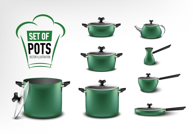 Vector realistische set van groene keukenapparatuur, potten van verschillende groottes, koffiezetapparaat, turk, stoofpot, koekenpan, waterkoker