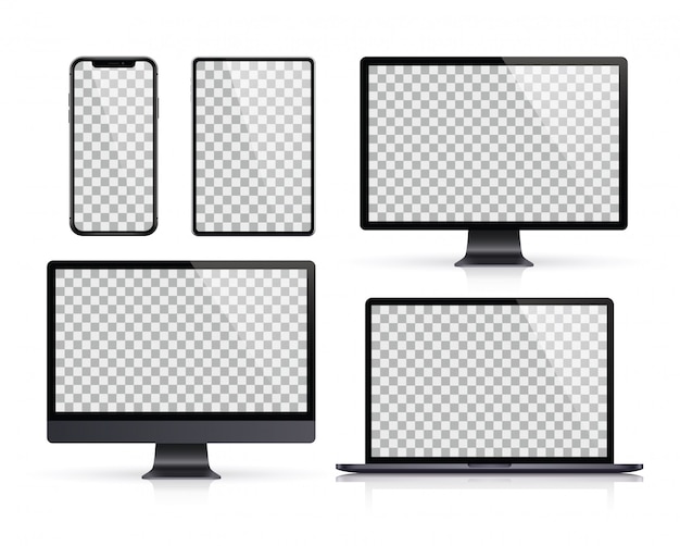 Vector realistische set van monitor, laptop, tablet, smartphone donkergrijze kleur