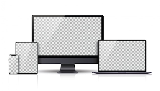 Vector realistische set van monitor, laptop, tablet, smartphone donkergrijze kleur