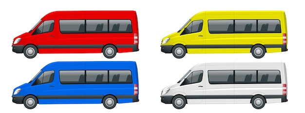 Realistische set Van sjabloon Geïsoleerde passagiersminibus voor huisstijl en reclame. Uitzicht vanaf de zijkant. vector illustratie