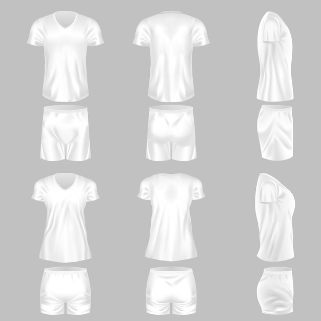 Realistische sjabloon van mannelijke vrouwelijke pyjama-combinatie met shirt en korte broek set. Witte comfortabele kleding om te slapen of om in de vrije tijd te dragen. Gezelligheid kleding mockup vector