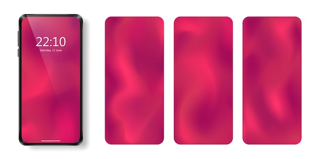 Realistische smartphone en set abstracte display-achtergronden met wazig felroze kleurverloop