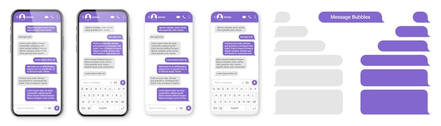 Realistische smartphone met messaging app lege sms tekst frame gesprek chat scherm met violet